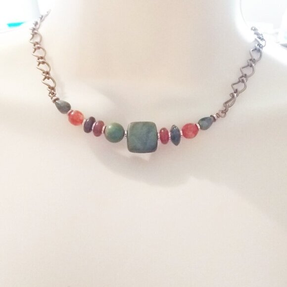 Handmade Asymmetrical Choker! Semi-Precious Stone Beads + Copper! Fall Colors! - Picture 11 of 15
